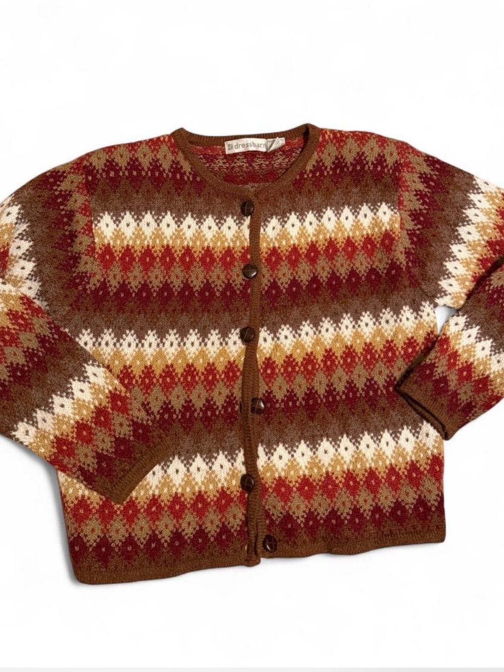Vintage dressbarn Brown Red Cream Patterned Knit Cardigan size medium